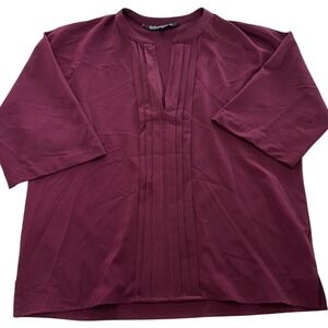 SINGLE LOS ANGELES Top Womens Small Red Purple Pleated V‎ Neck 3/4 Sleeve Blouse